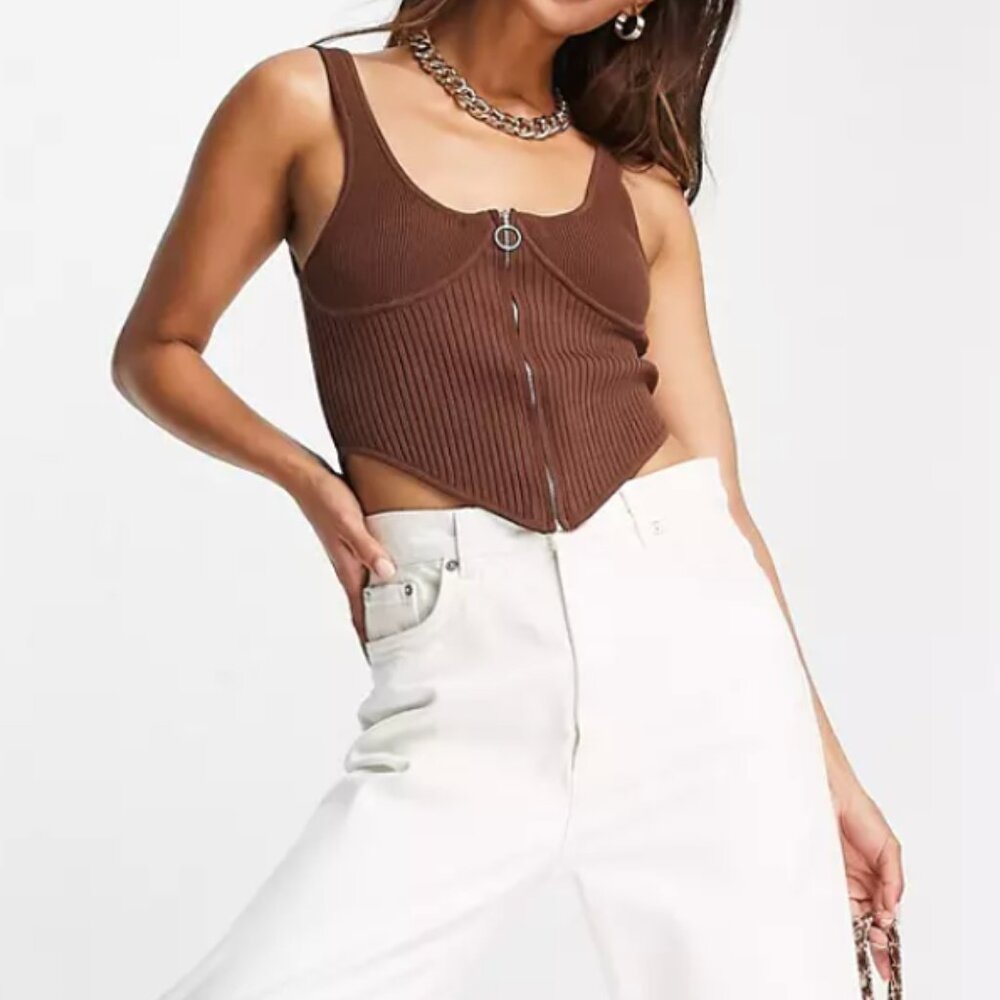ASOS DESIGN knitted corset with zip through in brown